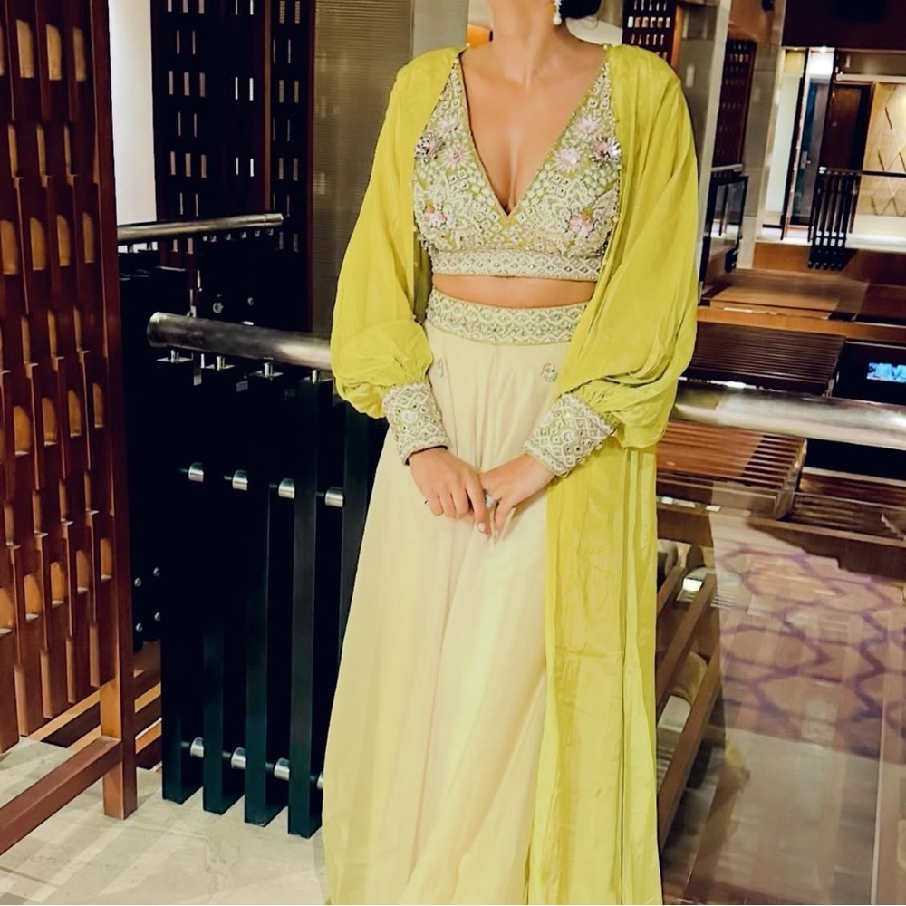 Yellow Embroidered 3 Piece Lengha Set with Jacket